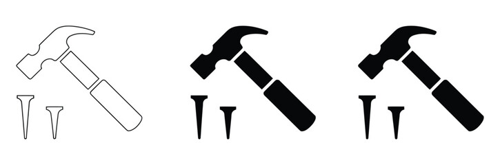 Discover essential construction tools with this clean, modern icon set featuring a hammer and nails in outline and solid black styles perfect for YID projects and professional building guides.