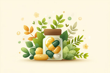 Isometric Soft‑Tone Wellness Scene: Herbs, Capsules, Tablet & Bottle