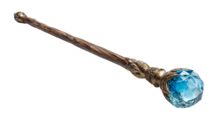 Elegant wizard staff made from aged natural wood and embedded blue gem representing mystic energy on transparent background