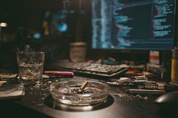 Smoking, coding, messy desk