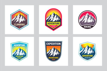 Set of adventure outdoor concept badges, summer camping emblem, mountain climbing logo in flat style. Extreme exploration sticker symbol. Graphic design element. Mountains logo set.