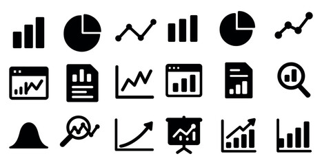 Data analytics solid icons set – filled, statistical, graph symbols collection
