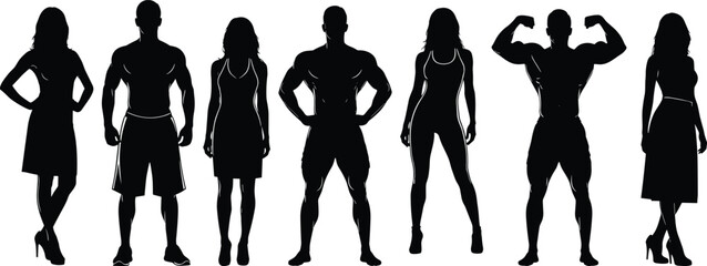 Seven alternating fashion and fitness silhouettes, CAD vector illustration for gender contrast, strength, confidence, body diversity and fashion themes