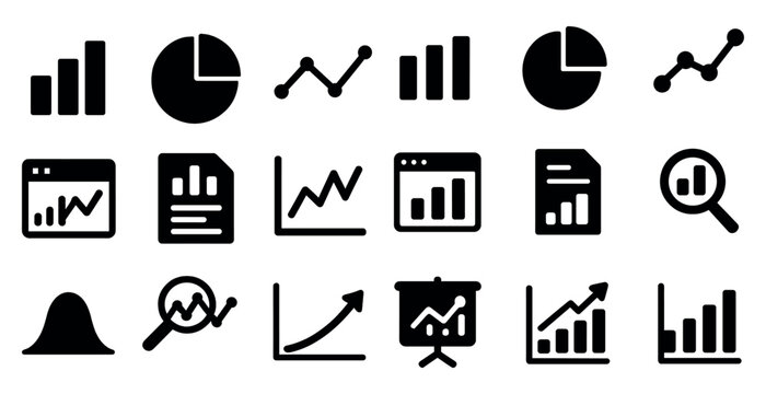 Data analytics solid icons set – filled, statistical, graph symbols collection