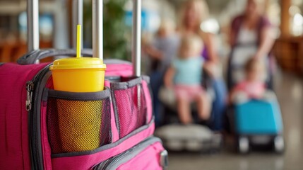 Family travel preparation with luggage and refreshments at the airport terminal