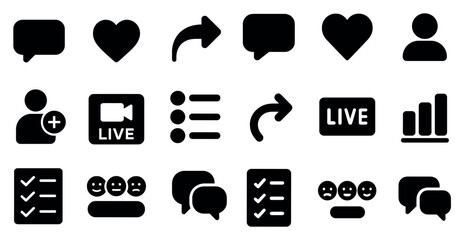 Communication solid icons set – filled, messaging and social media symbols