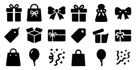 Gift giving solid icons set – flat, filled, present and package symbols