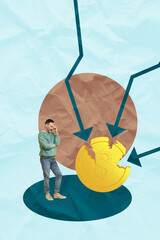 Creative collage big dollar coin with restriction signs representing cryptocurrency banking global...