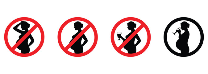 Crucial health warnings for pregnant women featuring prohibition signs for unhealthy activities like drinking alcohol and general health advice