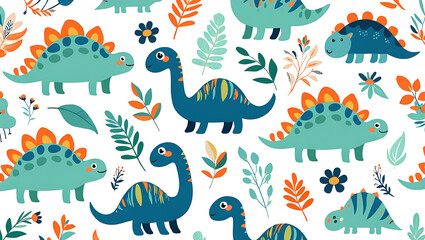 A seamless pattern featuring cute cartoon dinosaurs and colorful plants on a white background for children