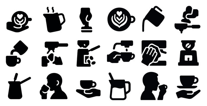 Coffee brewing silhouette icons set – solid, filled, café and espresso symbols