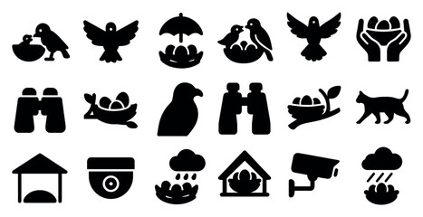 Fototapeta premium Nature and wildlife silhouette icons set – solid, filled, animal and bird symbols