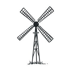 Fototapeta premium Monochrome vintage windmill illustration with grass base and open blades