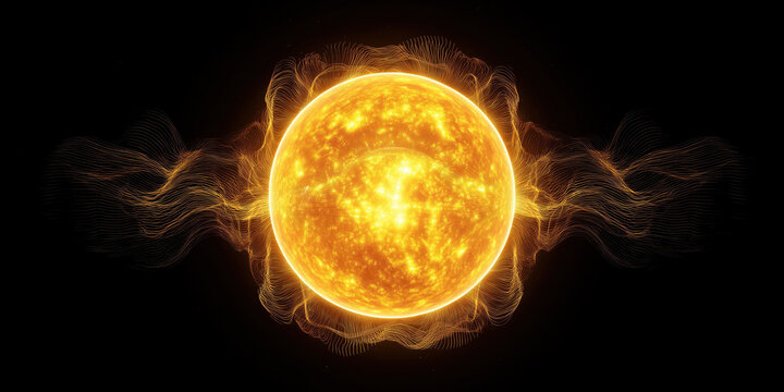  sun radiating intense heat and energy, with glowing solar flares extending into space against a deep black background