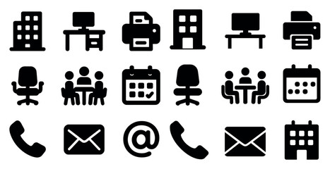 Office and workspace solid icons set – silhouette, filled, productivity tools