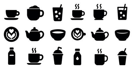 Coffee and tea silhouette icons set &ndash; solid, filled, beverage and drink symbols