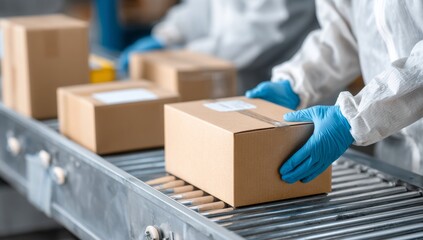 At a pharmaceutical facility, a worker donning protective gear is tasked with placing sealed boxes onto a conveyor belt, facilitating distribution and contributing to the quality assurance process