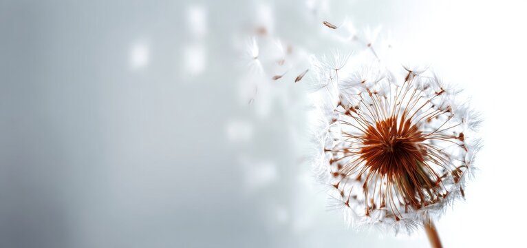 On a white background, a dandelion with flying seeds embodies hope and comfort, frequently used in condolence cards to address grief, loss, and funerals, as well as to offer support, remembrance,