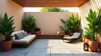 Minimalist outdoor patio with white sofa and terracotta plant pots under soft natural light and wooden ceiling