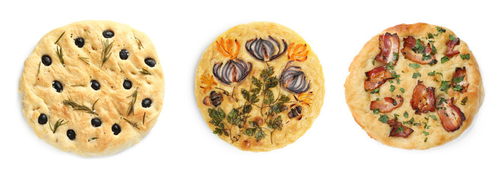Traditional focaccia with different toppings on white background, collage. Top view