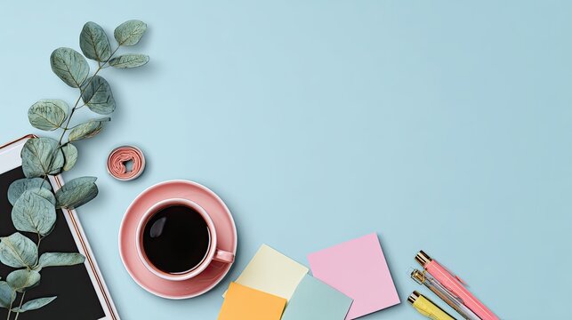 Pastel Workspace Flatlay with Coffee and Stationery