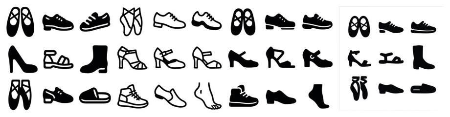 Fototapeta premium Footwear silhouette icons set – flat, filled, fashion and shoe design symbols