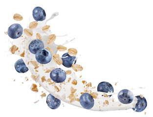 Oat flakes with fresh blueberries and milk splash flying on white background