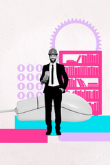Creative mockup collage of person success worker guy on white background with big mouse office...