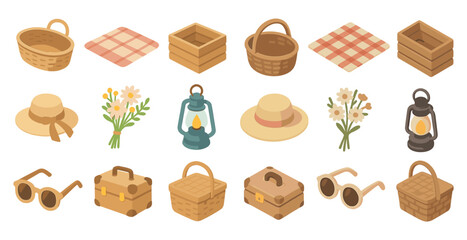 Picnic and lifestyle icons set – isometric, flat, outdoor and leisure symbols