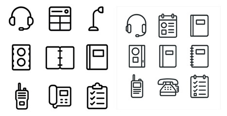 Office equipment outline icons set – linear, work tools, productivity symbols