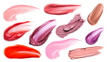 Lip cosmetics in different shades on white background, set. Palette of products