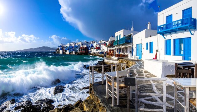 Titolo (170 caratteri circa):
Quartiere Little Venice di Mykonos con case bianche e blu affacciate sul mare turchese mentre le onde si infrangono sulle rocce della costa greca