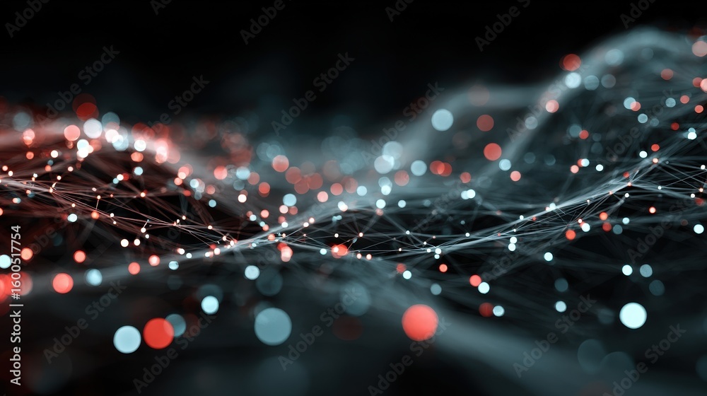 Poster abstract flowing fiber optics display with network connection and blue and gold particle streams
