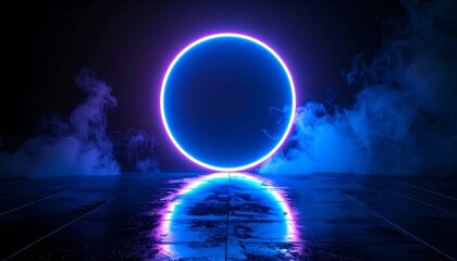 Neon circle, smoke, dark, reflective floor