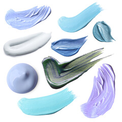 Cosmetics in different shades on white background, set. Palette of products