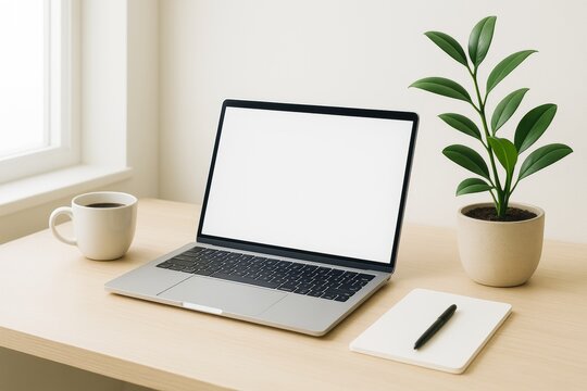 Minimalist workspace setup with a laptop, coffee mug, notebook, and green plant on wooden desk in natural light for work from home concept