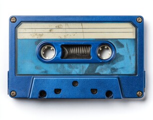 Fototapeta premium The image depicts an audio cassette tape from the top, set against a white backdrop, incorporating a retro black and white design that recalls the vintage tapes used in old stereo music players,