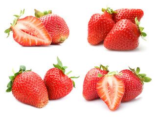 Fresh juicy strawberries isolated on white, collage. Whole and sliced
