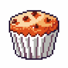 Fototapeta premium Pixel art chocolate chip muffin in a white cupcake liner retro digital bakery icon, sweet dessert illustration