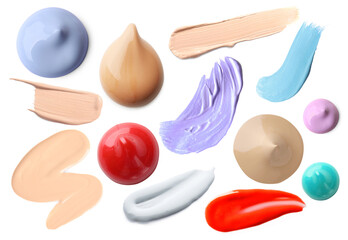 Different makeup products on white background, set. Palette of cosmetics