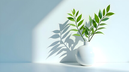 Minimalist white vase with two green branches, casting a sharp shadow on a pastel blue wall