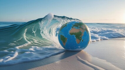 Clean ocean wave gently washing over a globe on a sandy beach, symbolizing marine conservation and Earth care  
