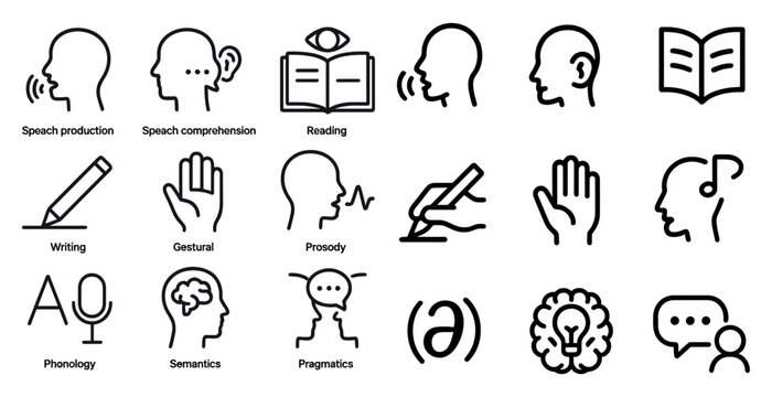 Language and communication outline icons set – speech, reading, writing symbols