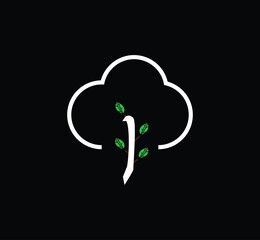 A minimalist white cloud outline symbolizing technology or storage, with a stylized white tree trunk and green leaves growing within — set against a black background. 