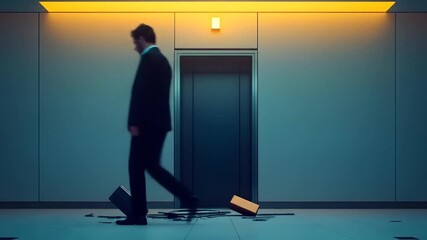 Two business people walk through a modern office hallway with an elevator