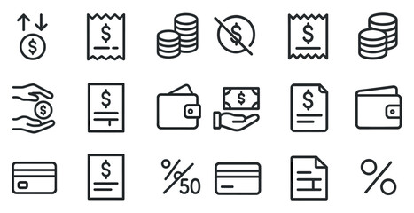 Finance and budget outline icons set – linear, solid, money management tools