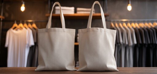 The company event showcases promotional corporate giveaway merchandise, including white tote bags, folded shirts, and other apparel items for marketing gifts and swag kits