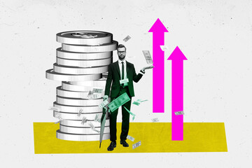Image full pop trend collage of serious boss millionaire hold parasol coin dollar stack banknotes aim achievement currency profit