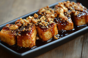Crispy tofu with caramel sauce and cashews on black plate over rustic wooden background Generative AI