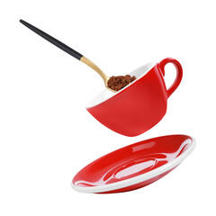 Instant coffee granules falling from spoon into cup against white background